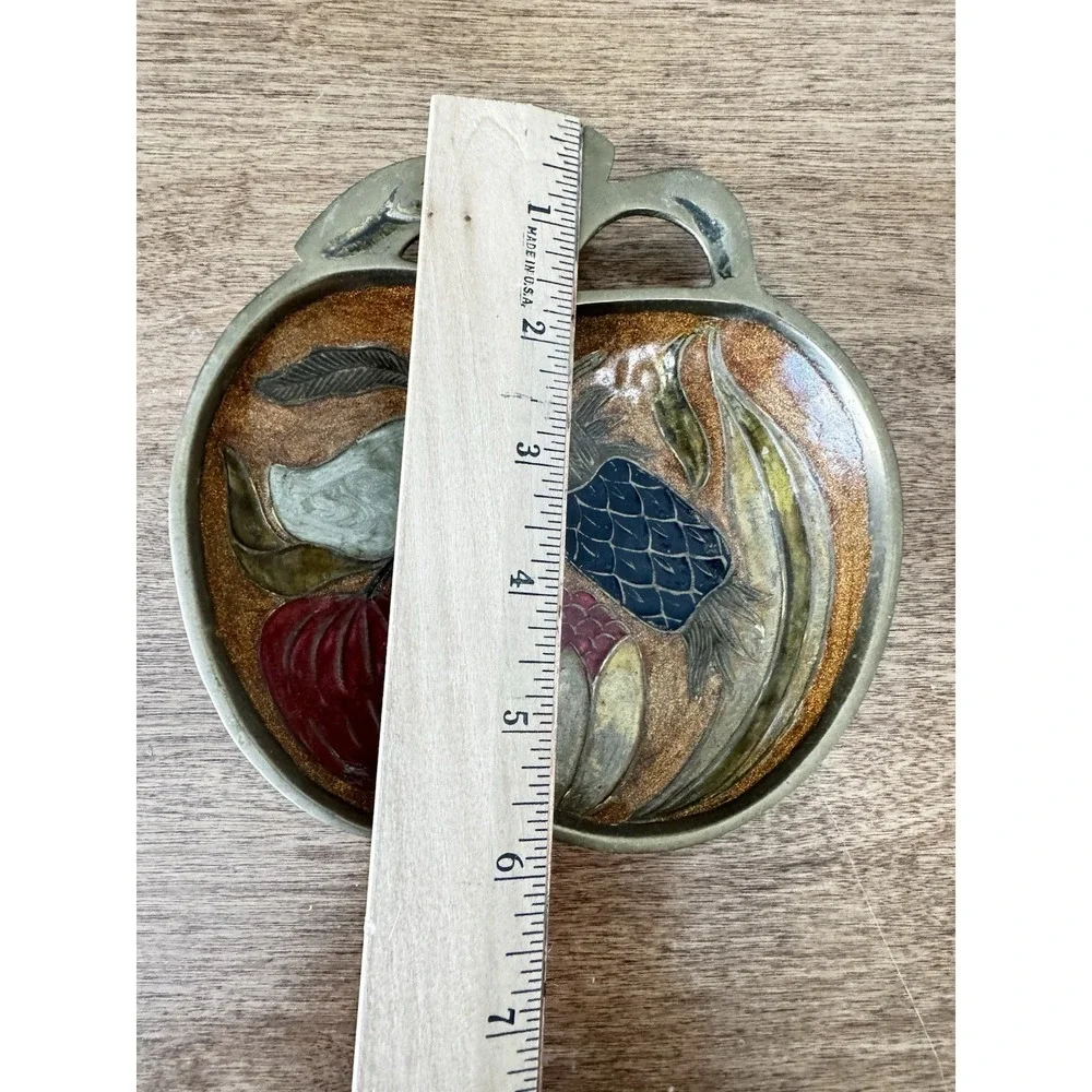 Vintage Solid Brass Enameled Fruits Apple Shape Trinket Tray Small